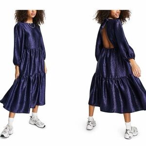 Top Shop Premium Textured Midi Dress Navy Size 12